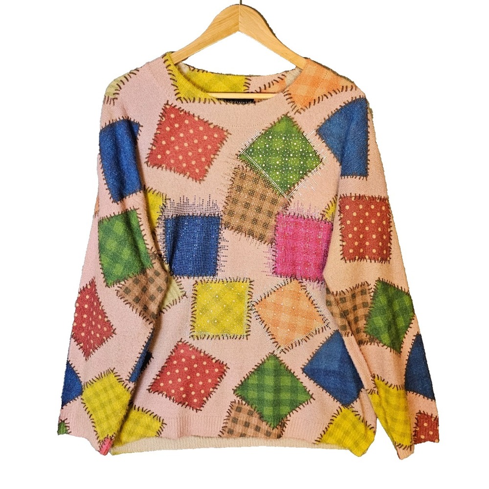 Talk of the Walk Womens L Patchwork Colorblock Knit Sweater Boho Artisan Sparkle